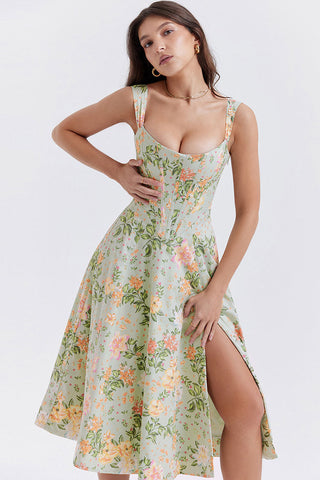 Floral Printed Lace Up Back High Split Corset Mini Sundress - Green