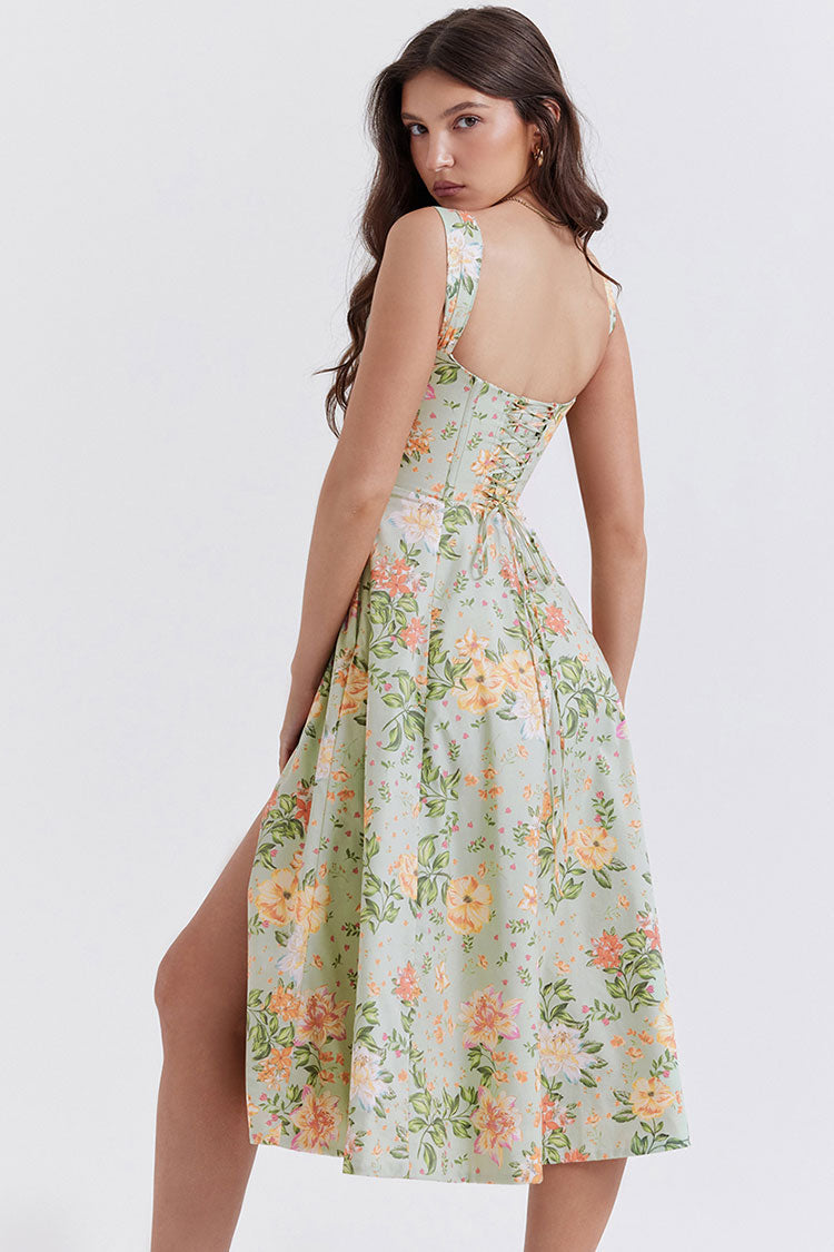 Floral Printed Lace Up Back High Split Corset Mini Sundress - Green