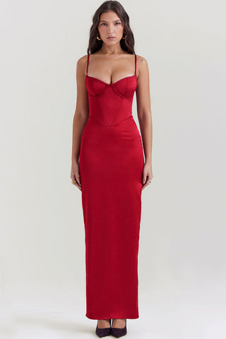 Silky Satin Sweetheart Spaghetti Strap Split Corset Evening Maxi Dress - Red