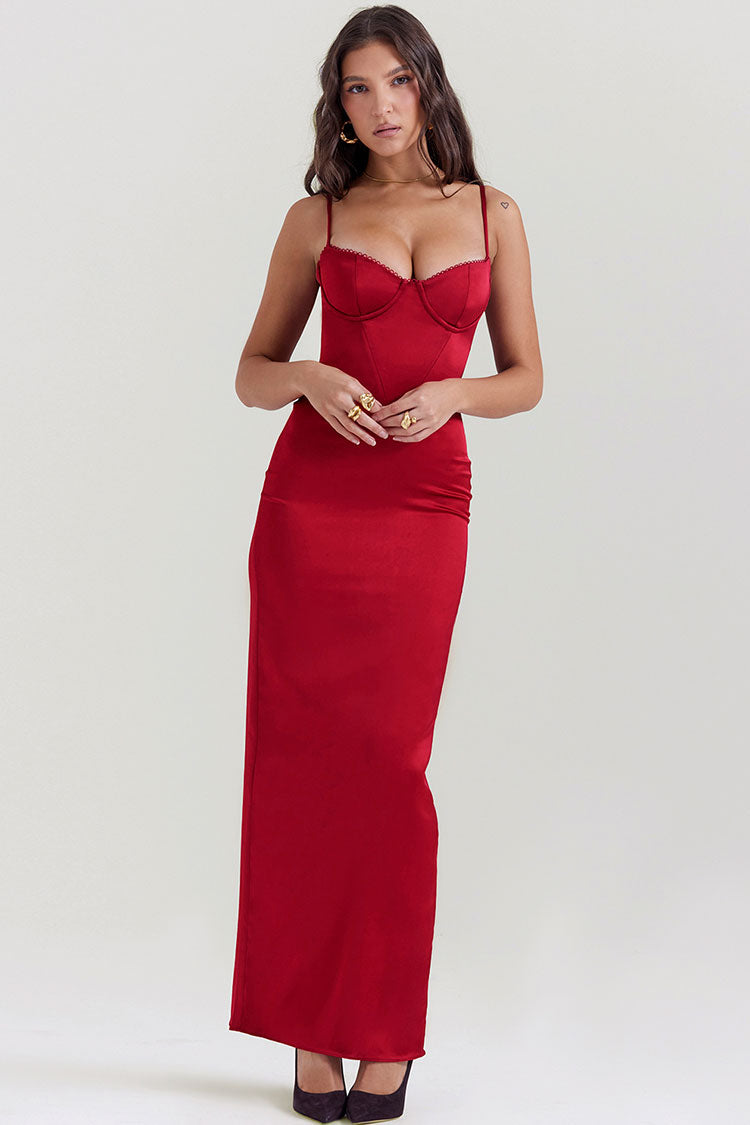 Silky Satin Sweetheart Spaghetti Strap Split Corset Evening Maxi Dress - Red