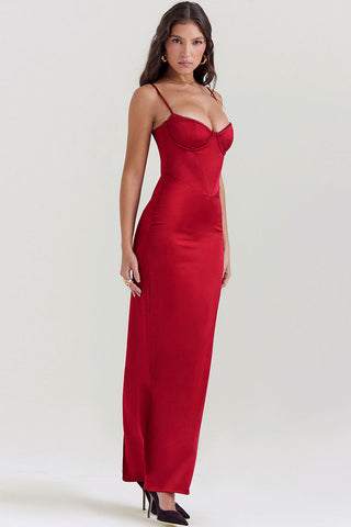 Silky Satin Sweetheart Spaghetti Strap Split Corset Evening Maxi Dress - Red