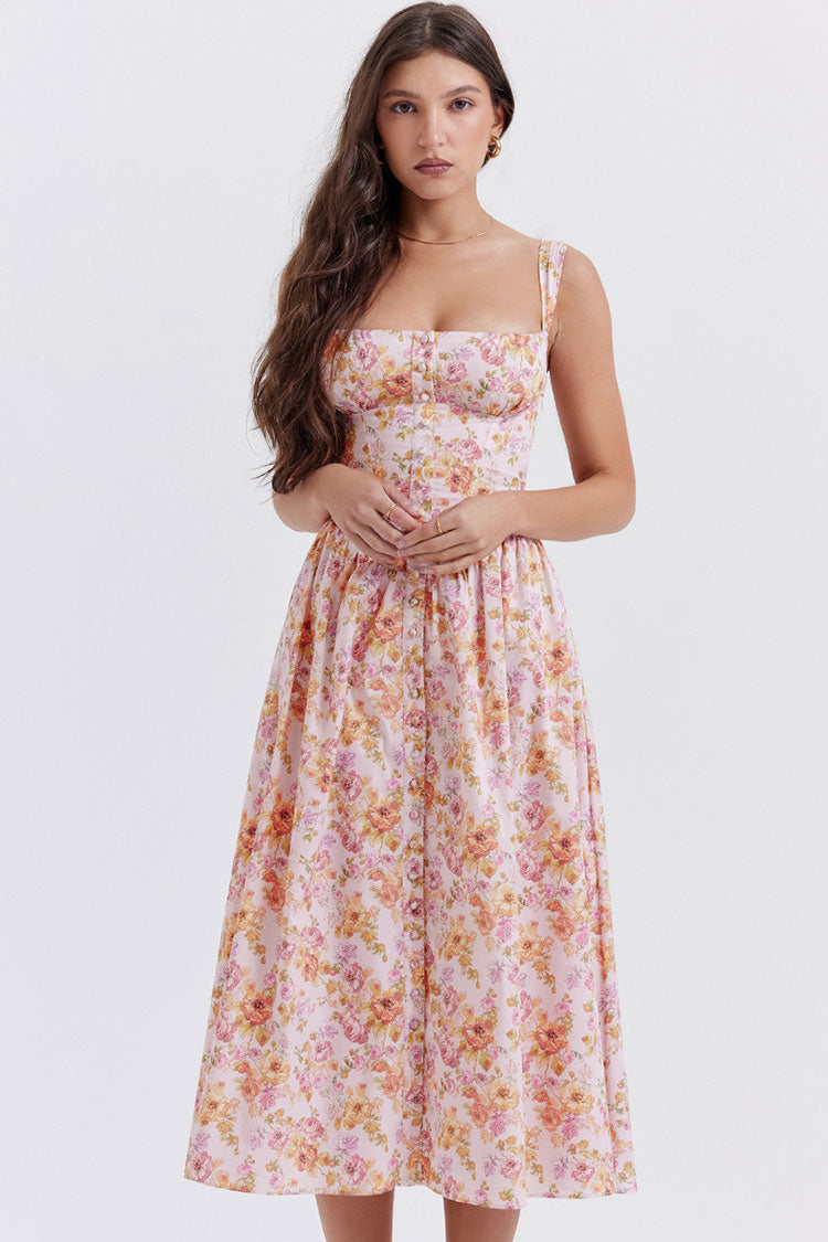 Square Neck Button Down Lace Up Fit & Flare Printed Midi Sundress - Floral