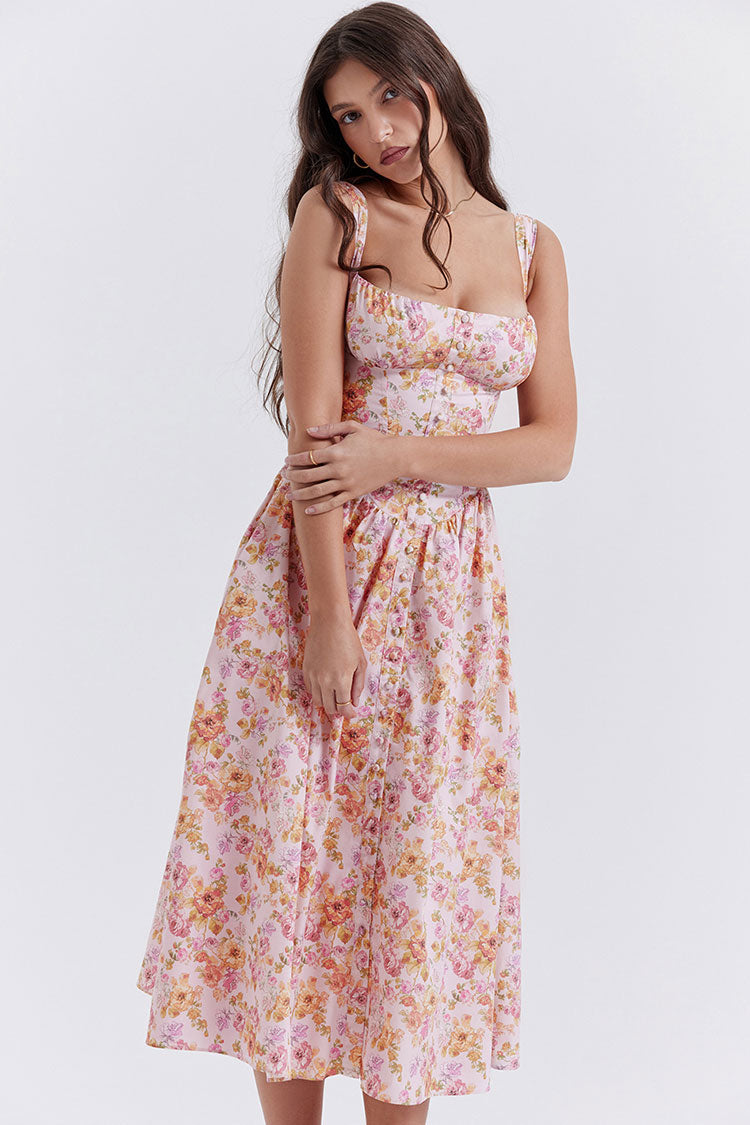 Square Neck Button Down Lace Up Fit & Flare Printed Midi Sundress - Floral