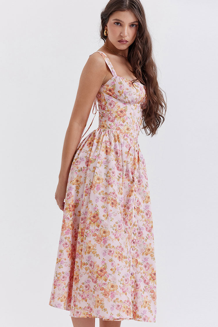 Square Neck Button Down Lace Up Fit & Flare Printed Midi Sundress - Floral