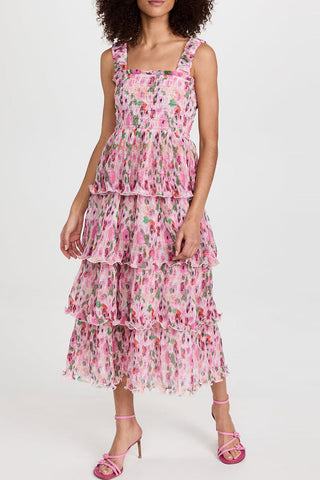 Square Neck Smocked Tiered Pleated Floral Midi Sundress - Pink