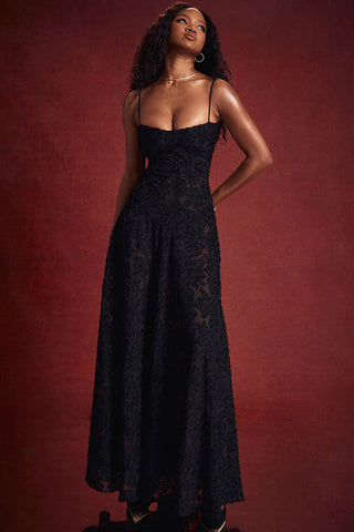 Square Neck Spaghetti Strap Lace Up Floral Lace Slip Maxi Dress - Black