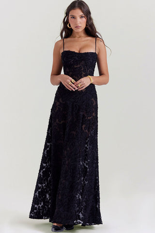 Square Neck Spaghetti Strap Lace Up Floral Lace Slip Maxi Dress - Black