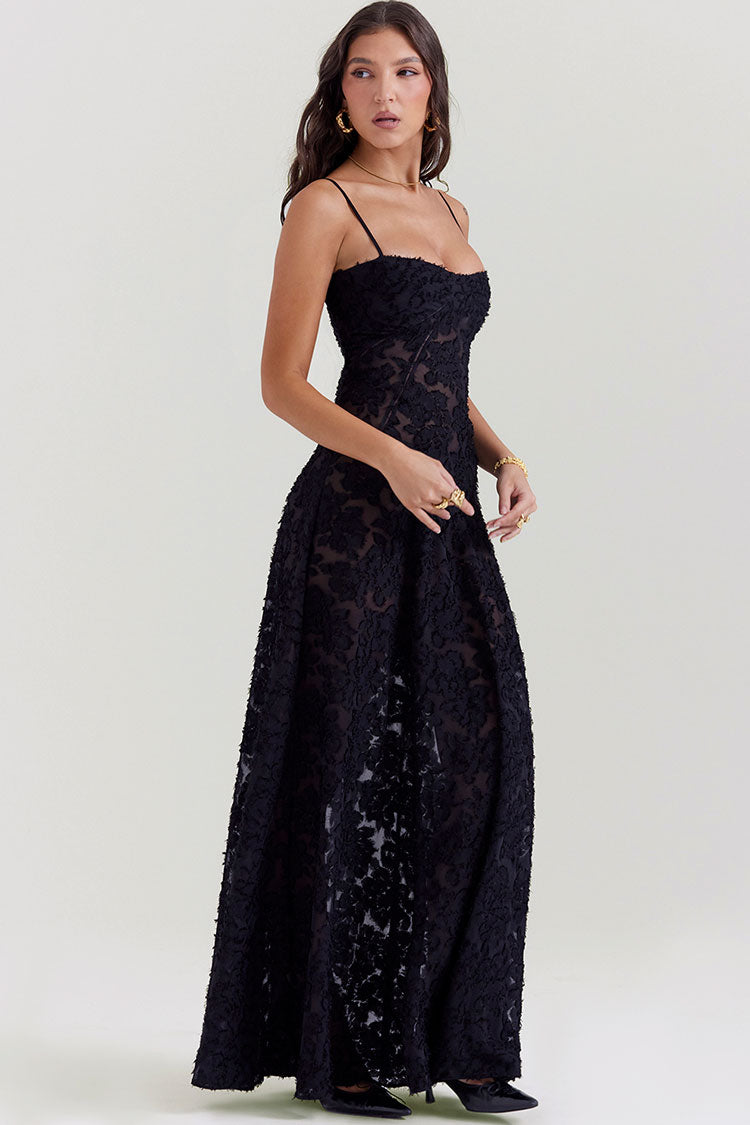 Square Neck Spaghetti Strap Lace Up Floral Lace Slip Maxi Dress - Black