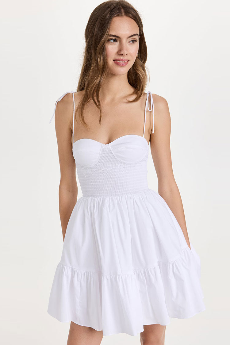 Sweetheart Tie Strap Smocked Fit & Flare Mini Summer Sundress - White