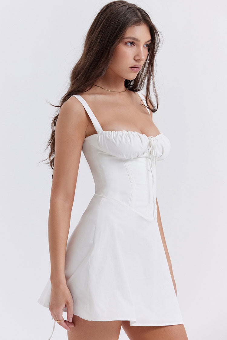 Tie Front Lace Up Back Fit & Flare Corset Mini Sundress - White