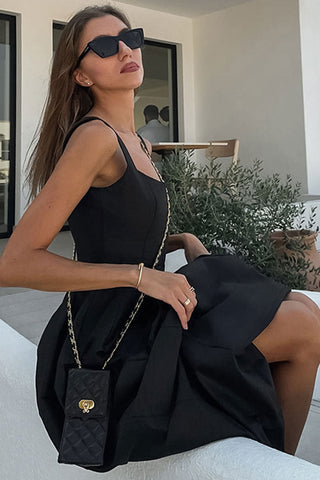 Simple Square Neck Fit and Flare Summer Maxi Tank Sundress - Black