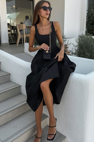 Simple Square Neck Fit and Flare Summer Maxi Tank Sundress - Black