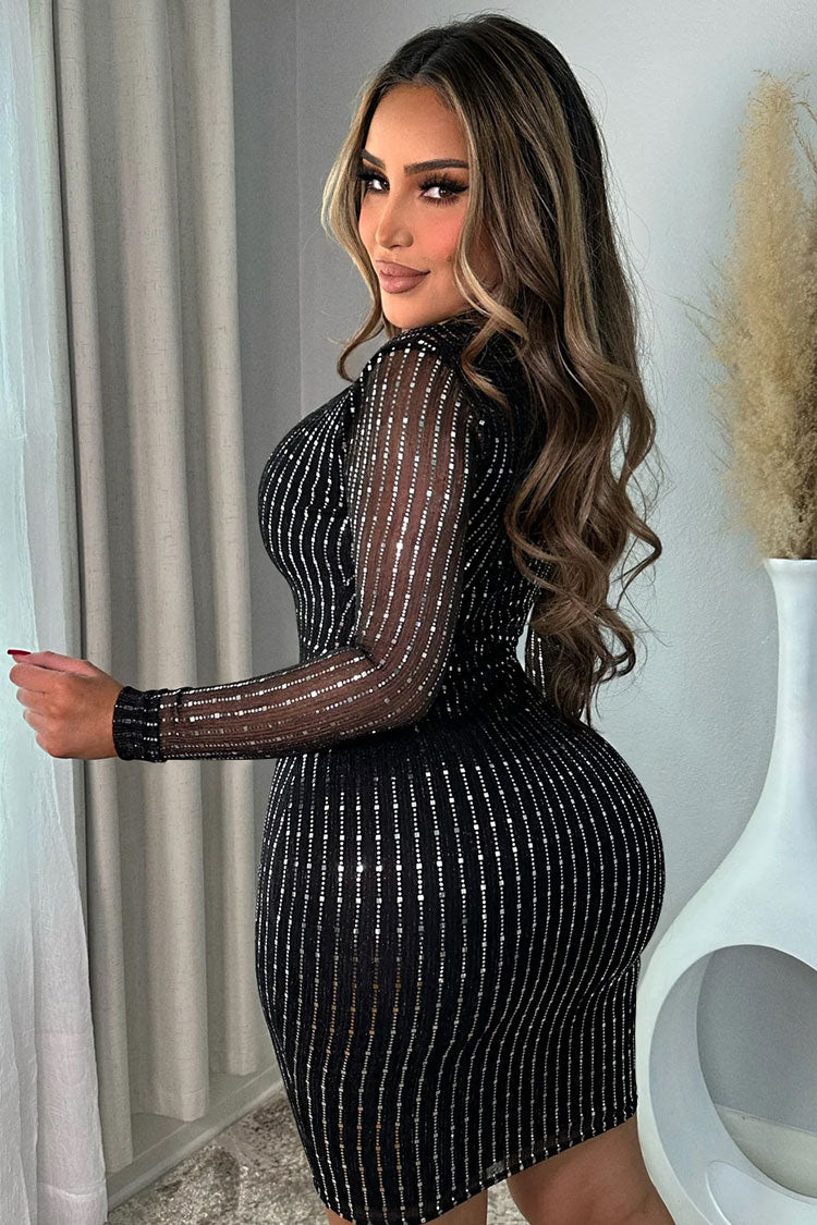 Sparkly Rhinestone Deep V Long Sleeve Bodycon Party Mini Dress - Black