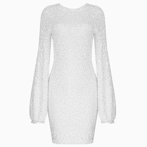 Sparkly Sequin Lacy Long Sleeve Party Mini Dress - White