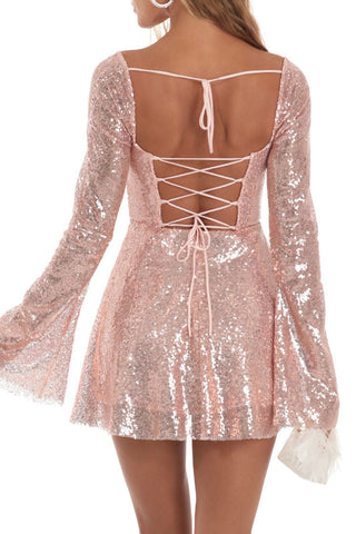 Sparkly Sequin Pleated Square Neck Bell Sleeve Skater Party Mini Dress - Gold