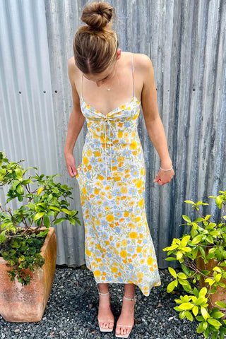 Summer Ruched Tie Front Floral Printed Sleeveless Slip Midi Sundress - Yellow