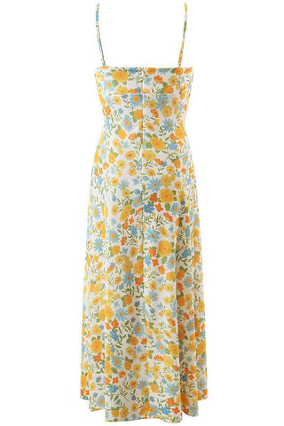 Summer Ruched Tie Front Floral Printed Sleeveless Slip Midi Sundress - Yellow