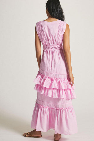 Swingy Buttoned Sleeveless Beach Vacation Ruffle Tiered Maxi Sundress - Pink