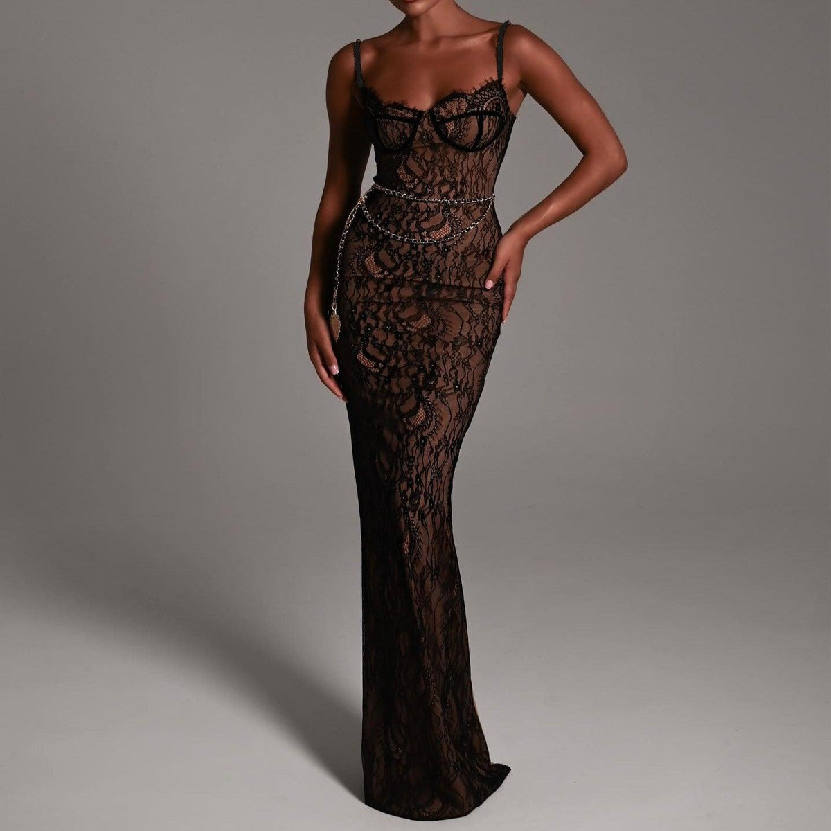 Lovely Lace Chain Belt Maxi Dress