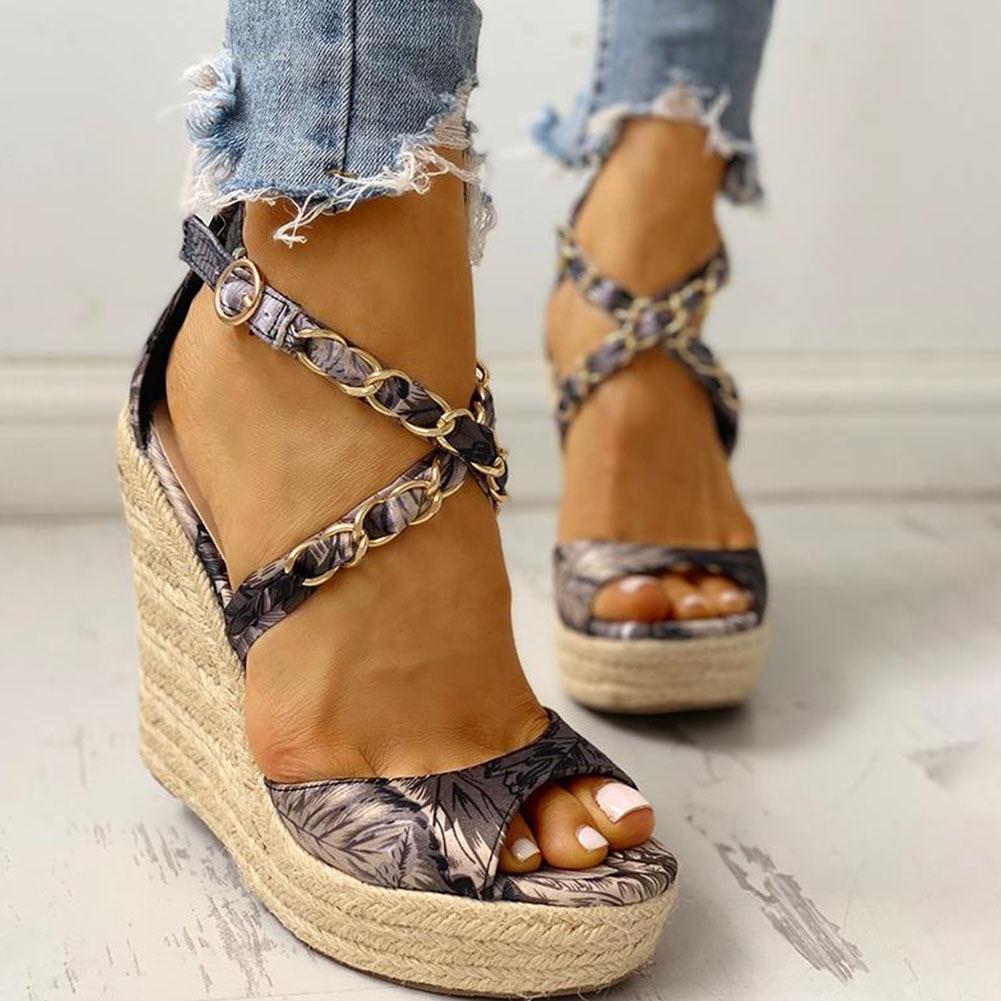 Twine Woven Floral Cross-Strap Wedges Sandals