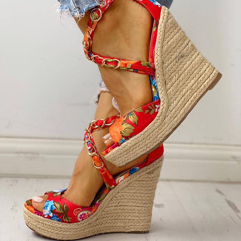 Twine Woven Floral Cross-Strap Wedges Sandals