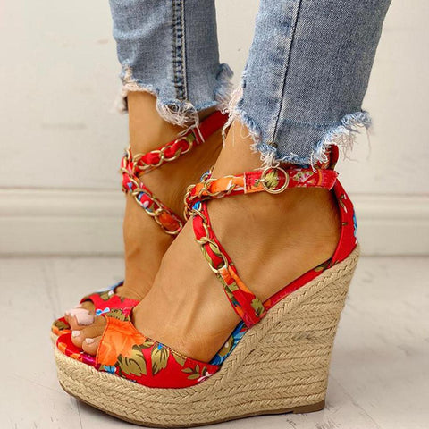 Twine Woven Floral Cross-Strap Wedges Sandals