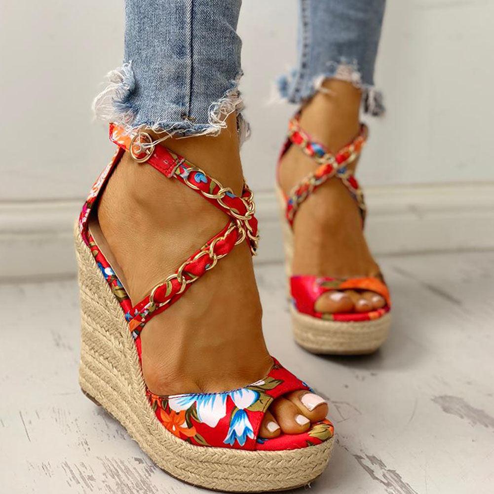 Twine Woven Floral Cross-Strap Wedges Sandals