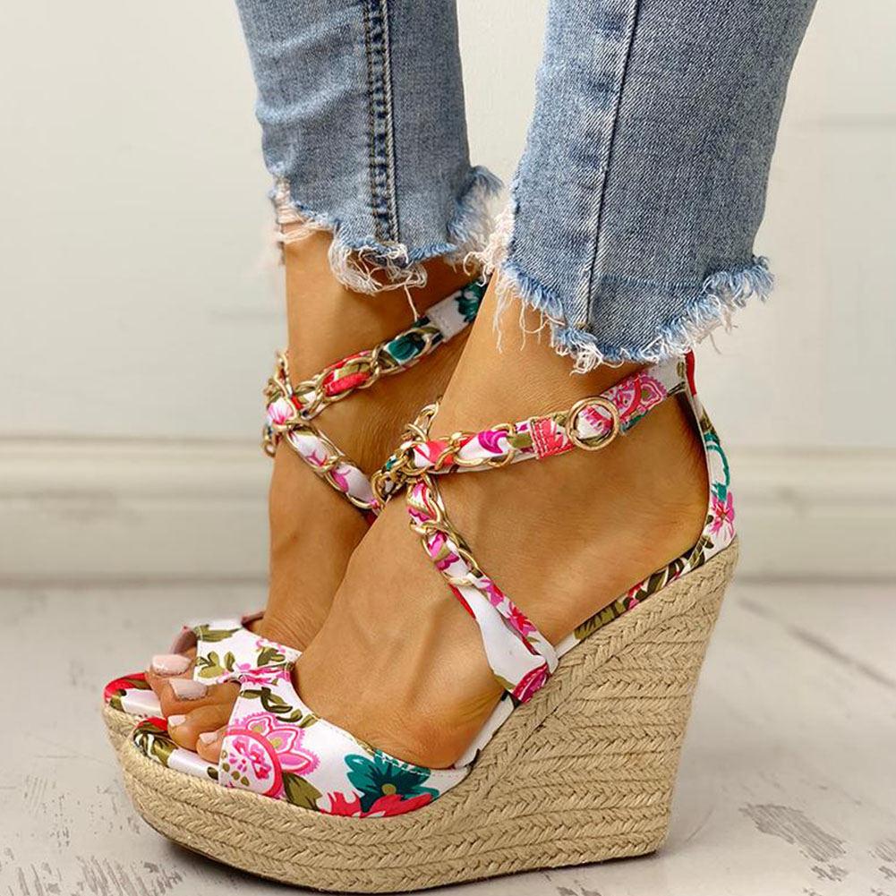 Twine Woven Floral Cross-Strap Wedges Sandals