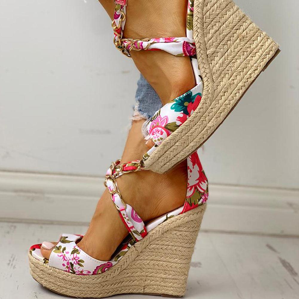 Twine Woven Floral Cross-Strap Wedges Sandals