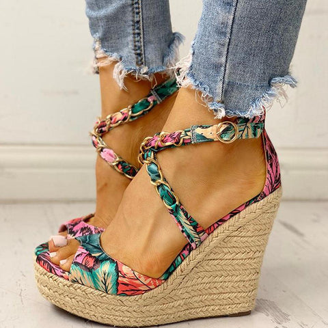 Twine Woven Floral Cross-Strap Wedges Sandals