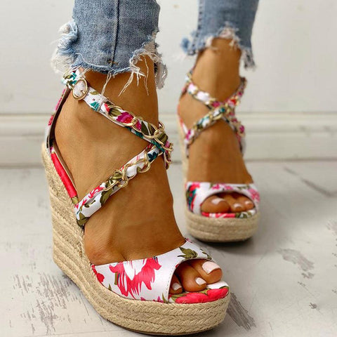 Twine Woven Floral Cross-Strap Wedges Sandals