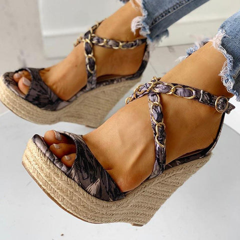 Twine Woven Floral Cross-Strap Wedges Sandals