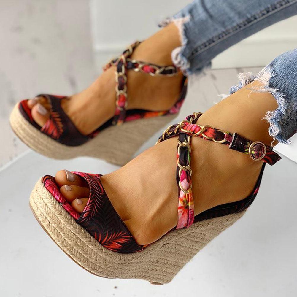 Twine Woven Floral Cross-Strap Wedges Sandals