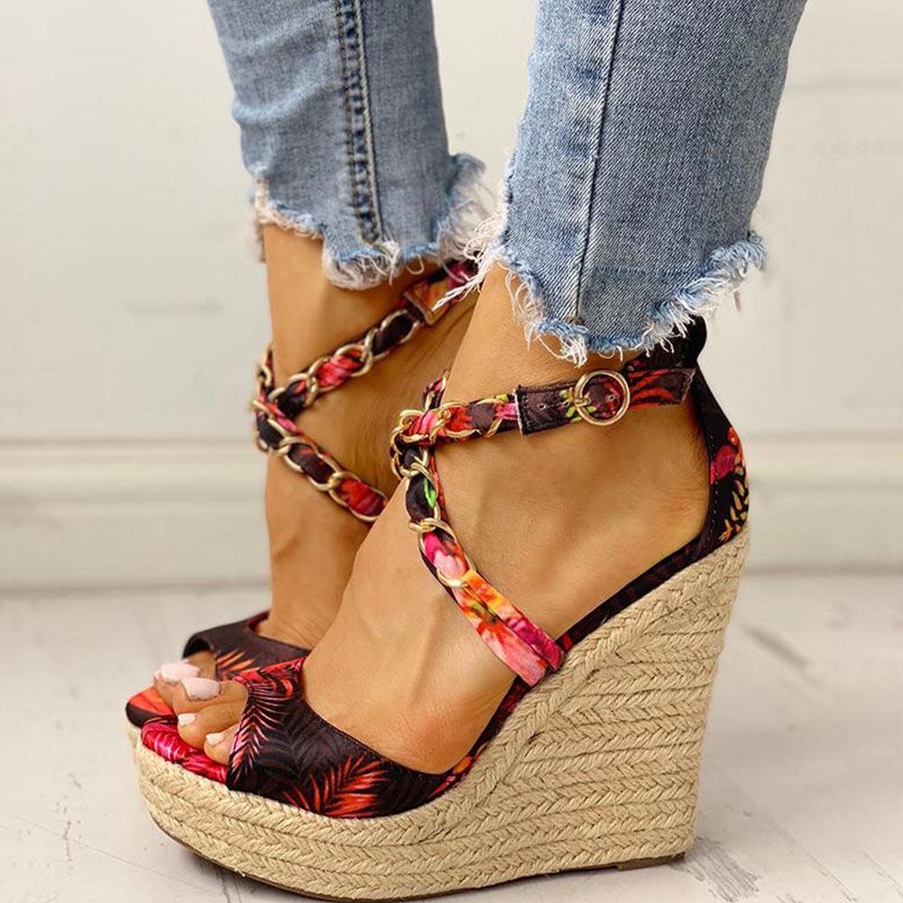 Twine Woven Floral Cross-Strap Wedges Sandals