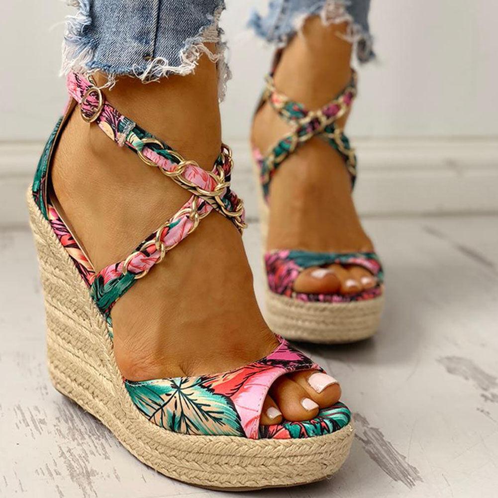 Twine Woven Floral Cross-Strap Wedges Sandals