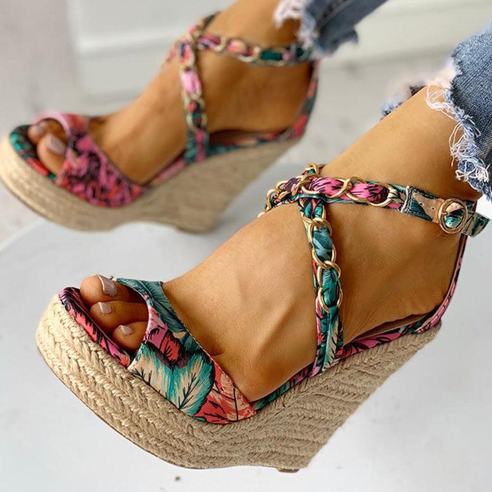 Twine Woven Floral Cross-Strap Wedges Sandals