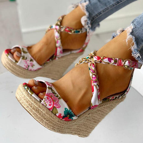 Twine Woven Floral Cross-Strap Wedges Sandals