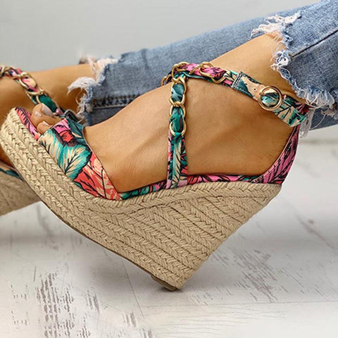 Twine Woven Floral Cross-Strap Wedges Sandals