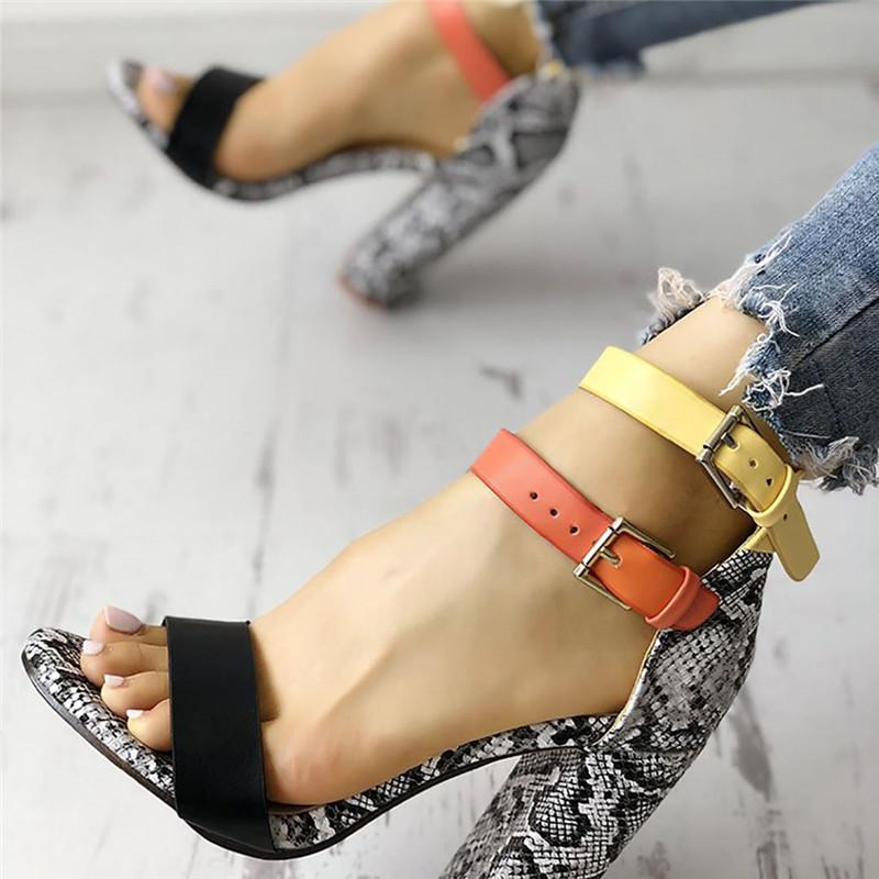 Two-color Buckles Snake Print Peep Toe Sandals