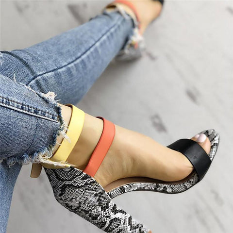 Two-color Buckles Snake Print Peep Toe Sandals