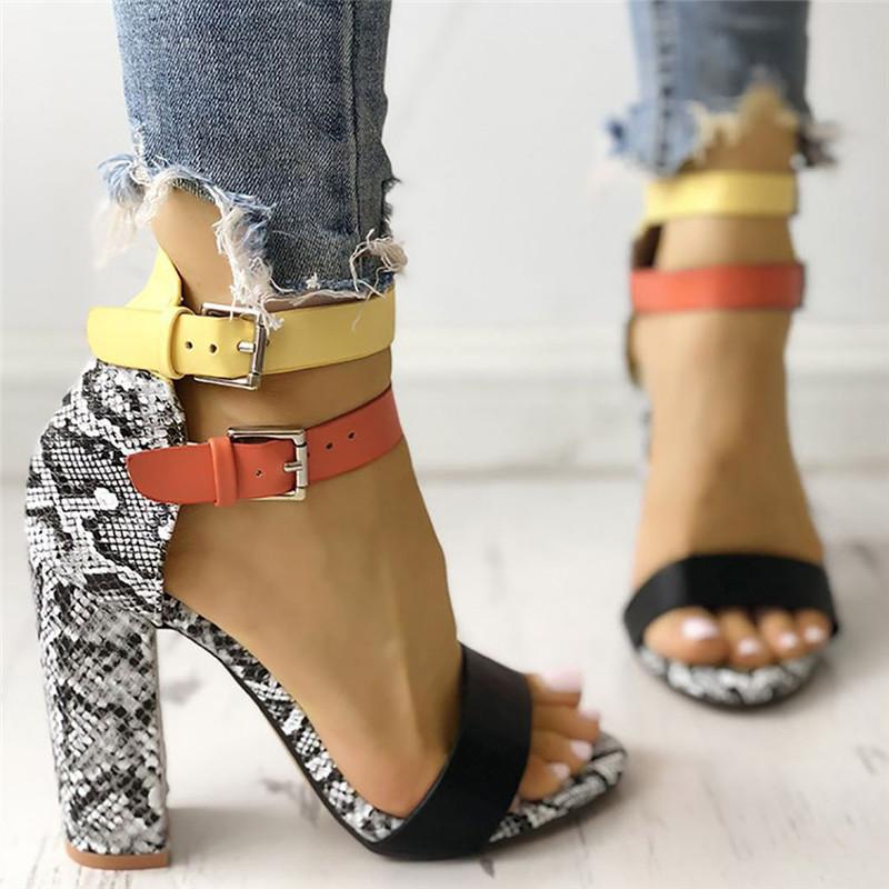 Two-color Buckles Snake Print Peep Toe Sandals