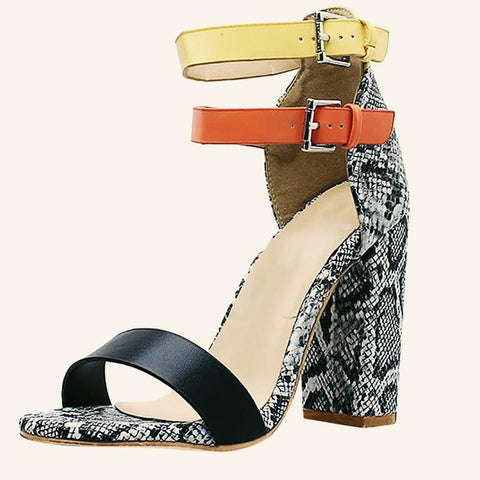 Two-color Buckles Snake Print Peep Toe Sandals