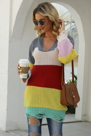 Jersey de cuello en U con patchwork en contraste y dobladillo rasgado