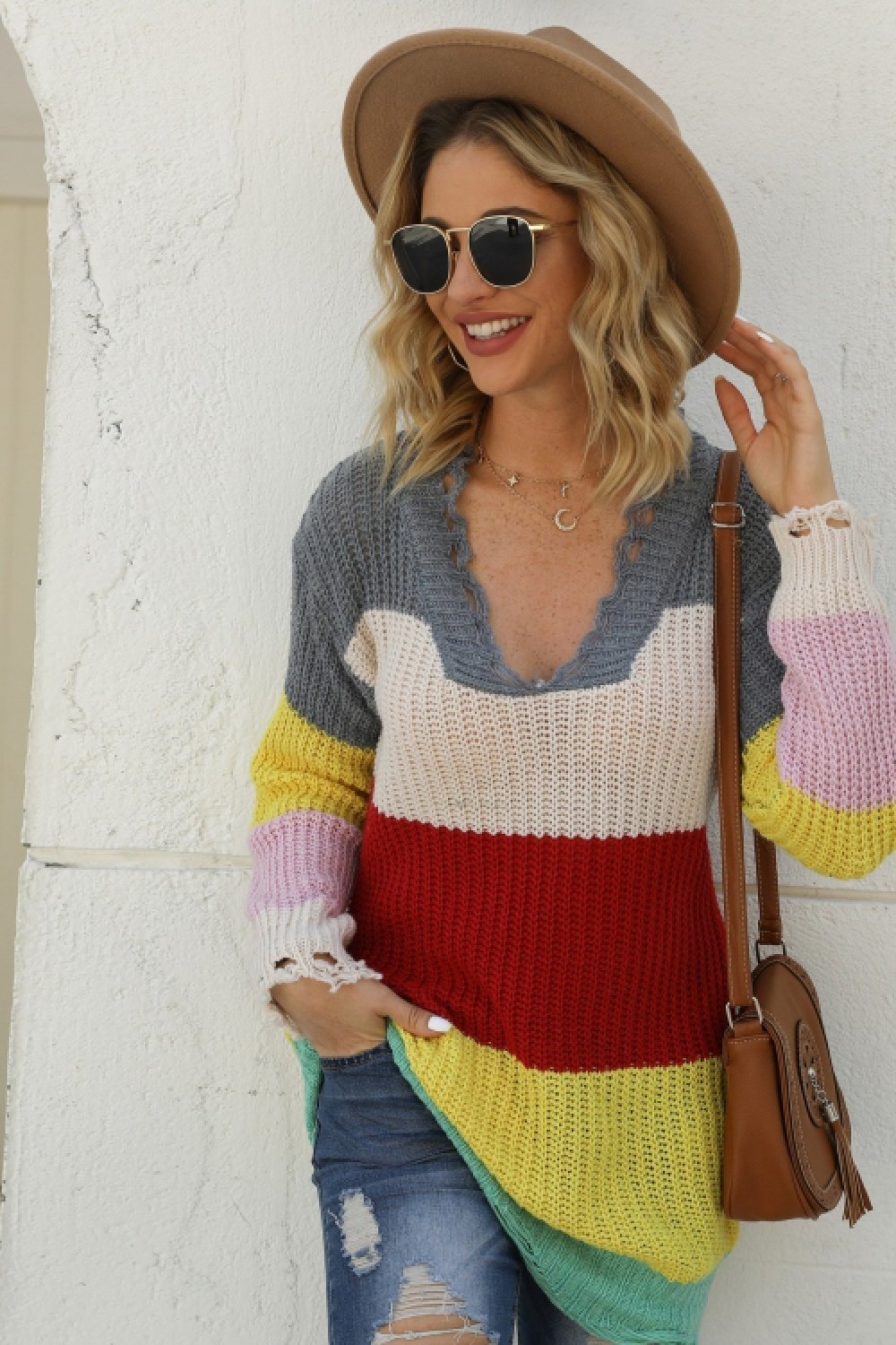 Jersey de cuello en U con patchwork en contraste y dobladillo rasgado