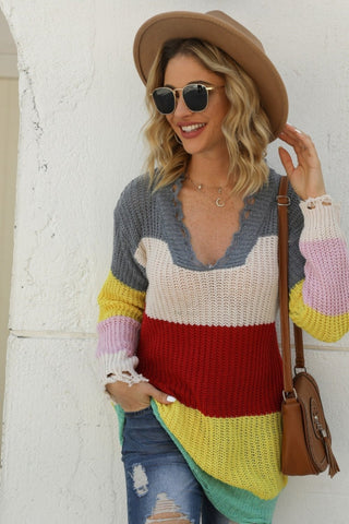 Jersey de cuello en U con patchwork en contraste y dobladillo rasgado