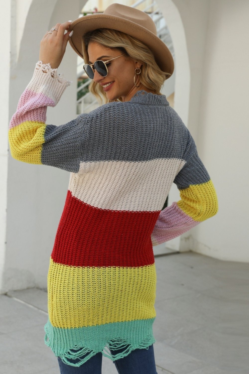 Jersey de cuello en U con patchwork en contraste y dobladillo rasgado