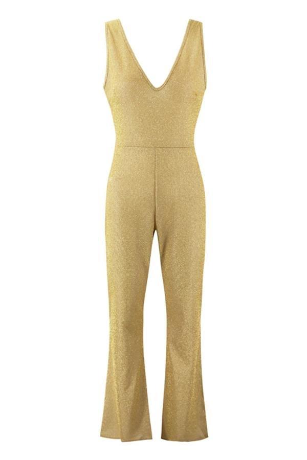 V Necck Sleeveless Flare Jumpsuit