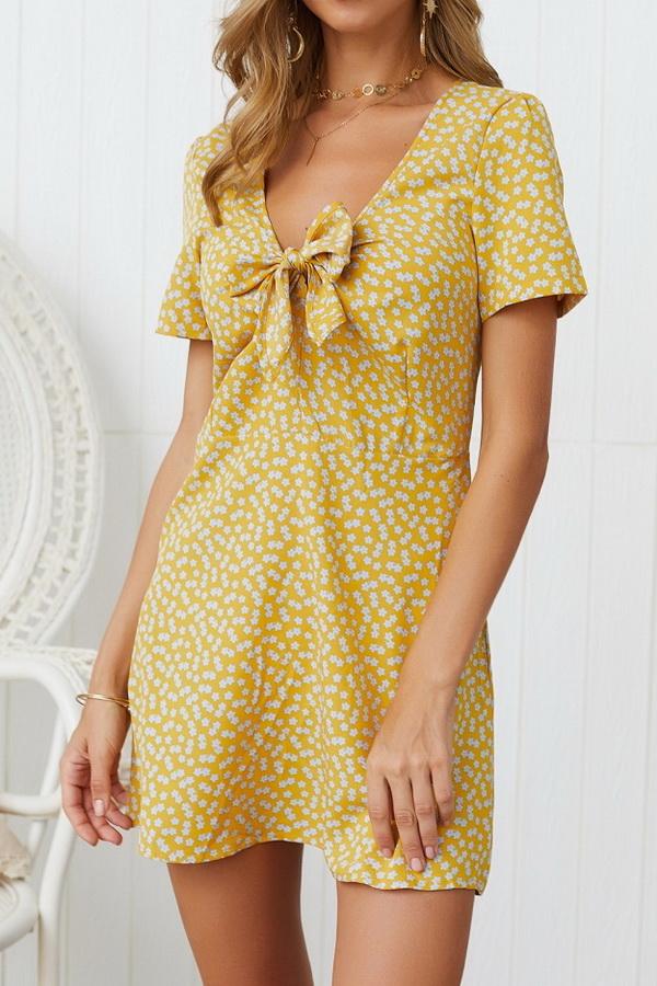 V Neck Bow Knot Short-sleeved Dress