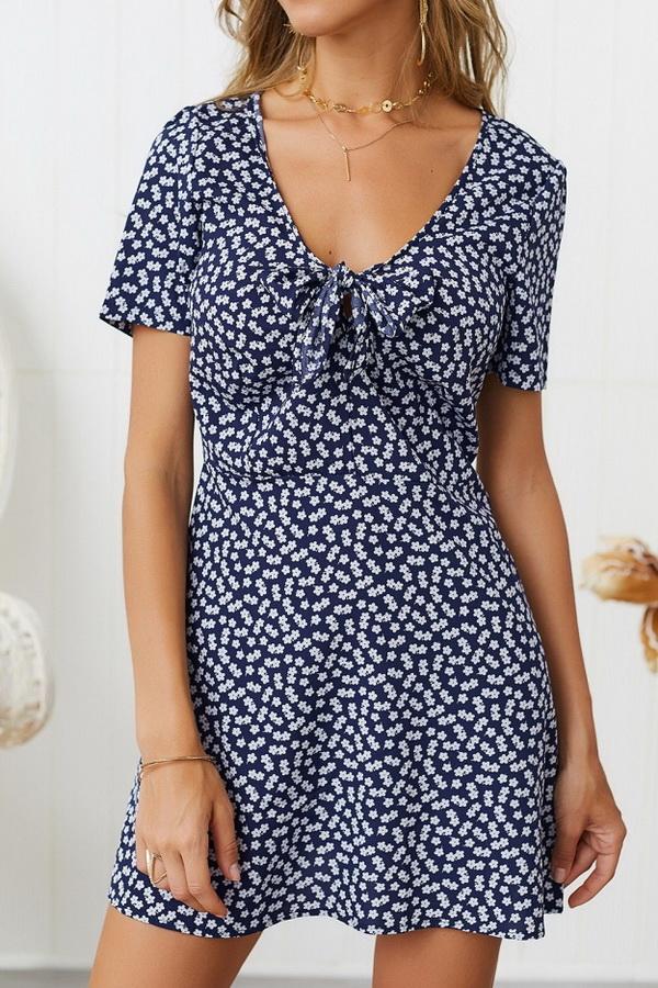 V Neck Bow Knot Short-sleeved Dress