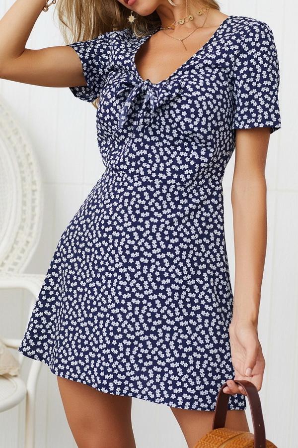 V Neck Bow Knot Short-sleeved Dress